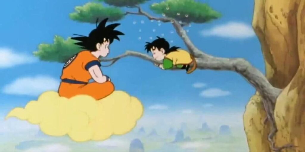 Goku waiting for gohan on the flying nimbus in dragon ball z.