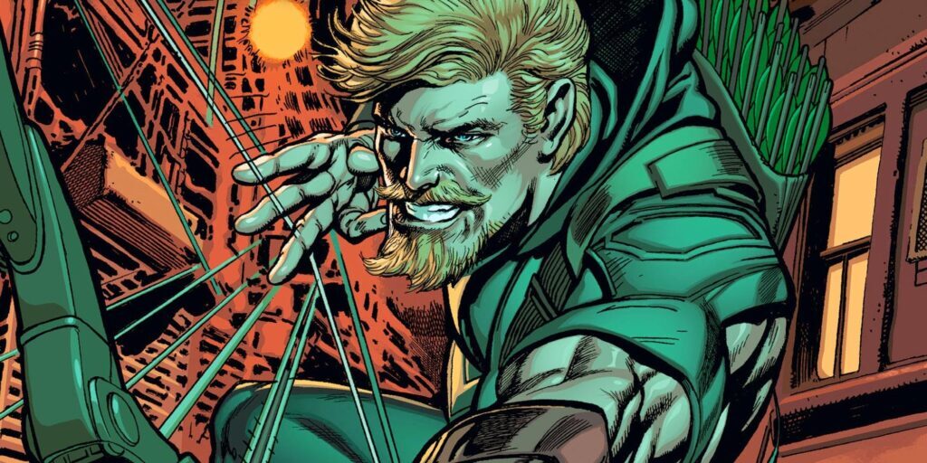 Green arrow using his bow in dc comics