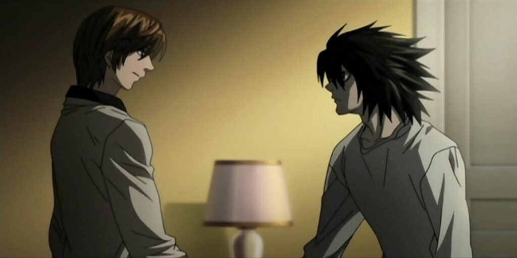 Light yagami and l shaking hands in death note.