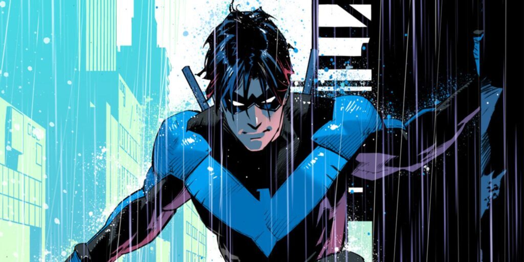 Nightwing in rain in dc comics