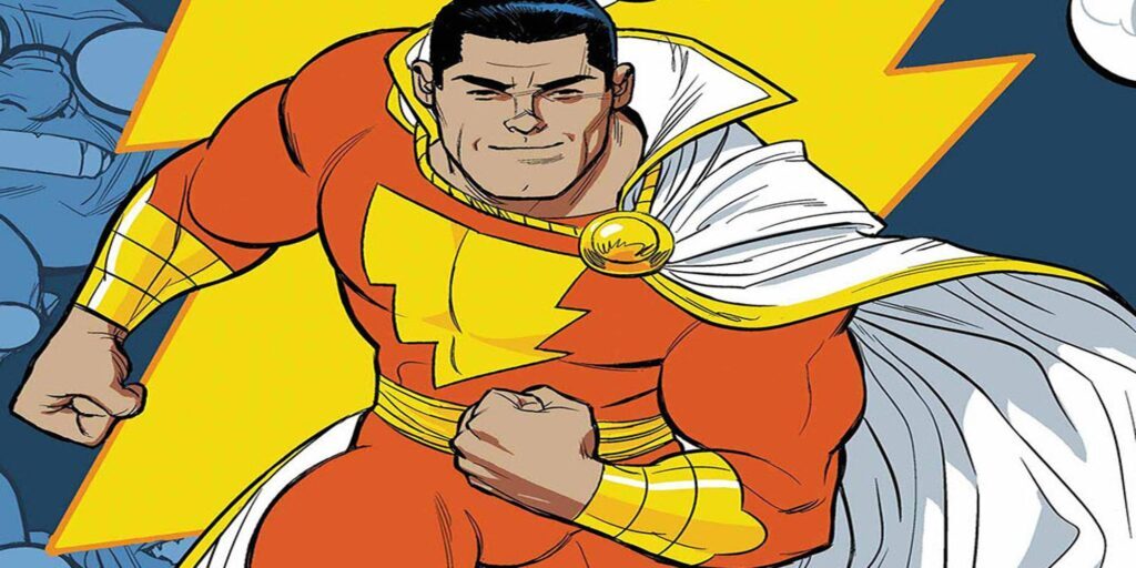 Shazam from wizz comics smiling in dc comics.