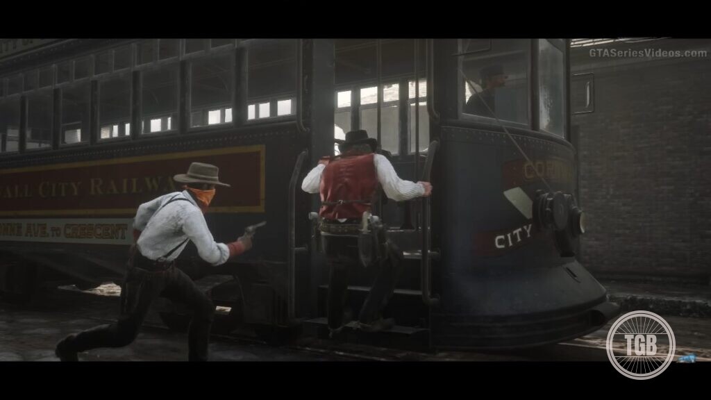 The van der linde gang attempts to hijack a trolley in saint denis.