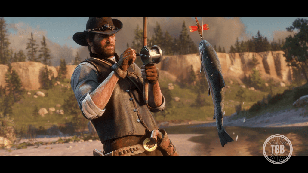 Arthur morgan reeling fish in red dead redemption 2.