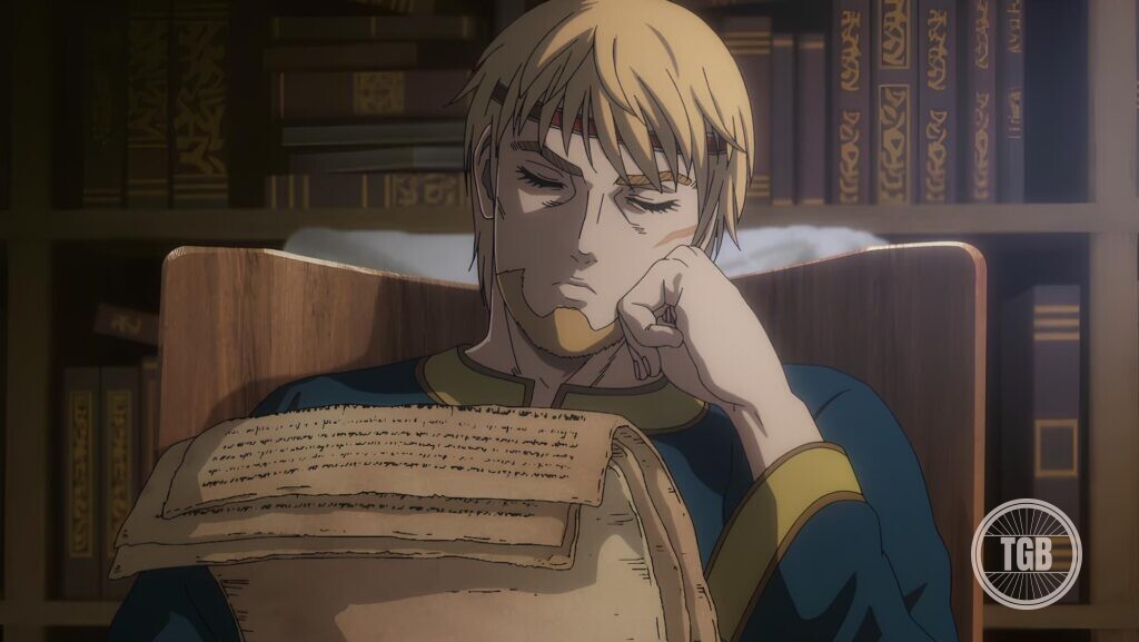 Canute looking at the list of wealthy men in vinland saga season 2