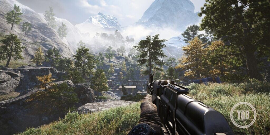 Player holding a gun and looking at a a the wilderness in far cry 4