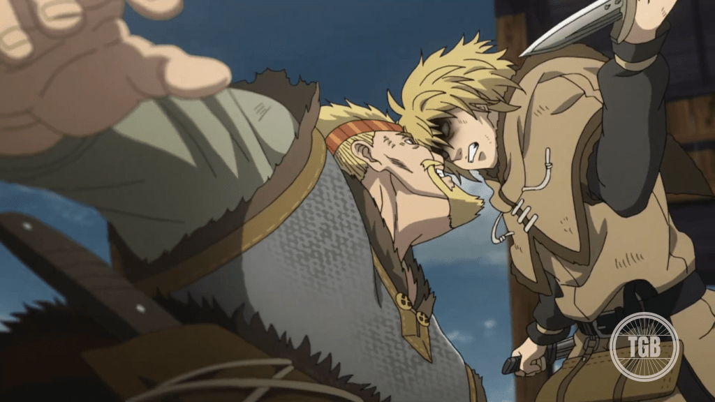 Thorfinn and thorkell fight on the london bridge in vinland saga season 1 episode 9