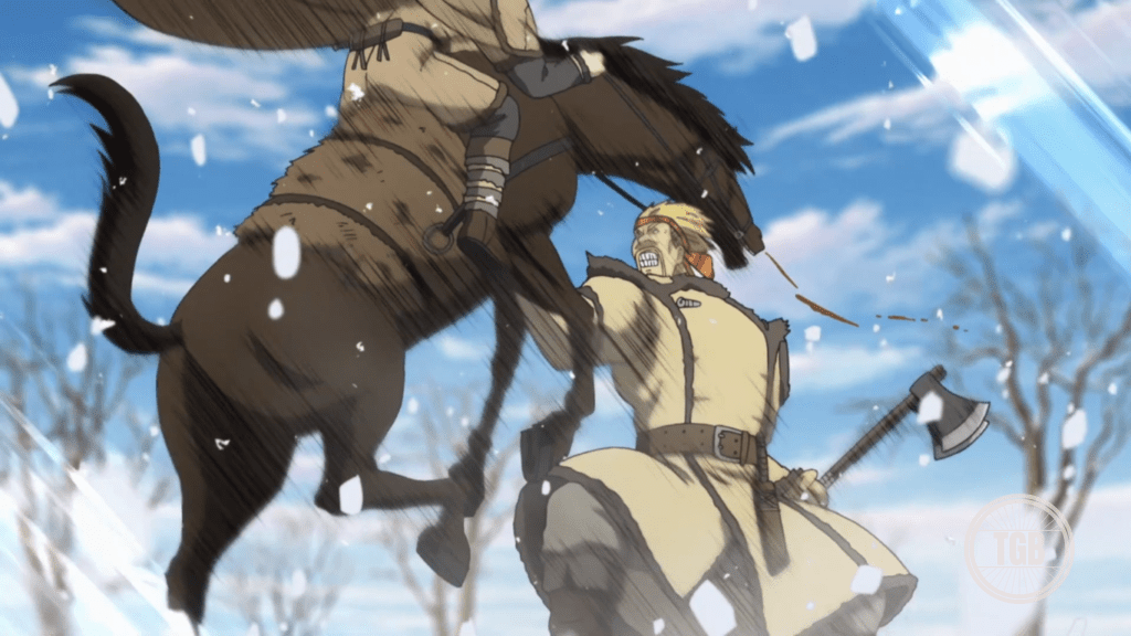 Thorfinn is shot into air by thorkell in vinland saga season 1 episode 18