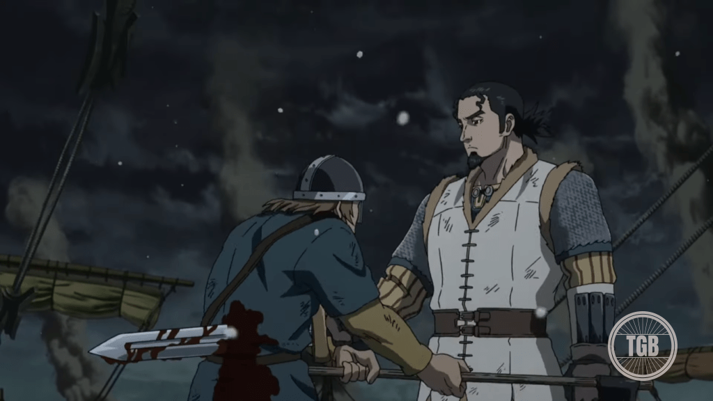 Thors and thorkell fight the nation army together on boats in vinland saga season 1 episode 1